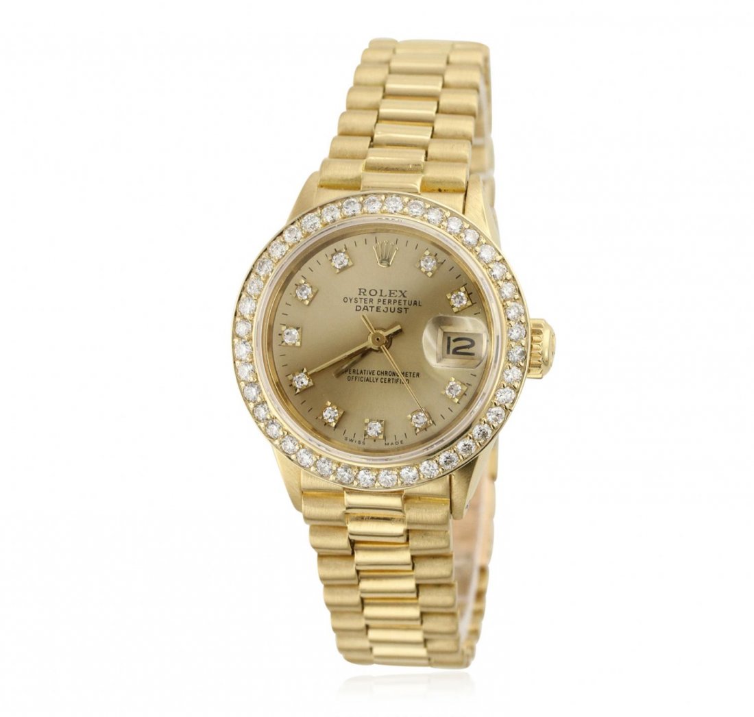 Ladies Rolex 18KT Yellow Gold Diamond DateJust: Ladies Rolex 18KT Yellow Gold Diamond DateJust Wristwatch GB4964. G-4 Average Condition! FH3007WS. One ladies, hand crafted & machine milled Rolex Lady President the DateJust model wristwatch electron