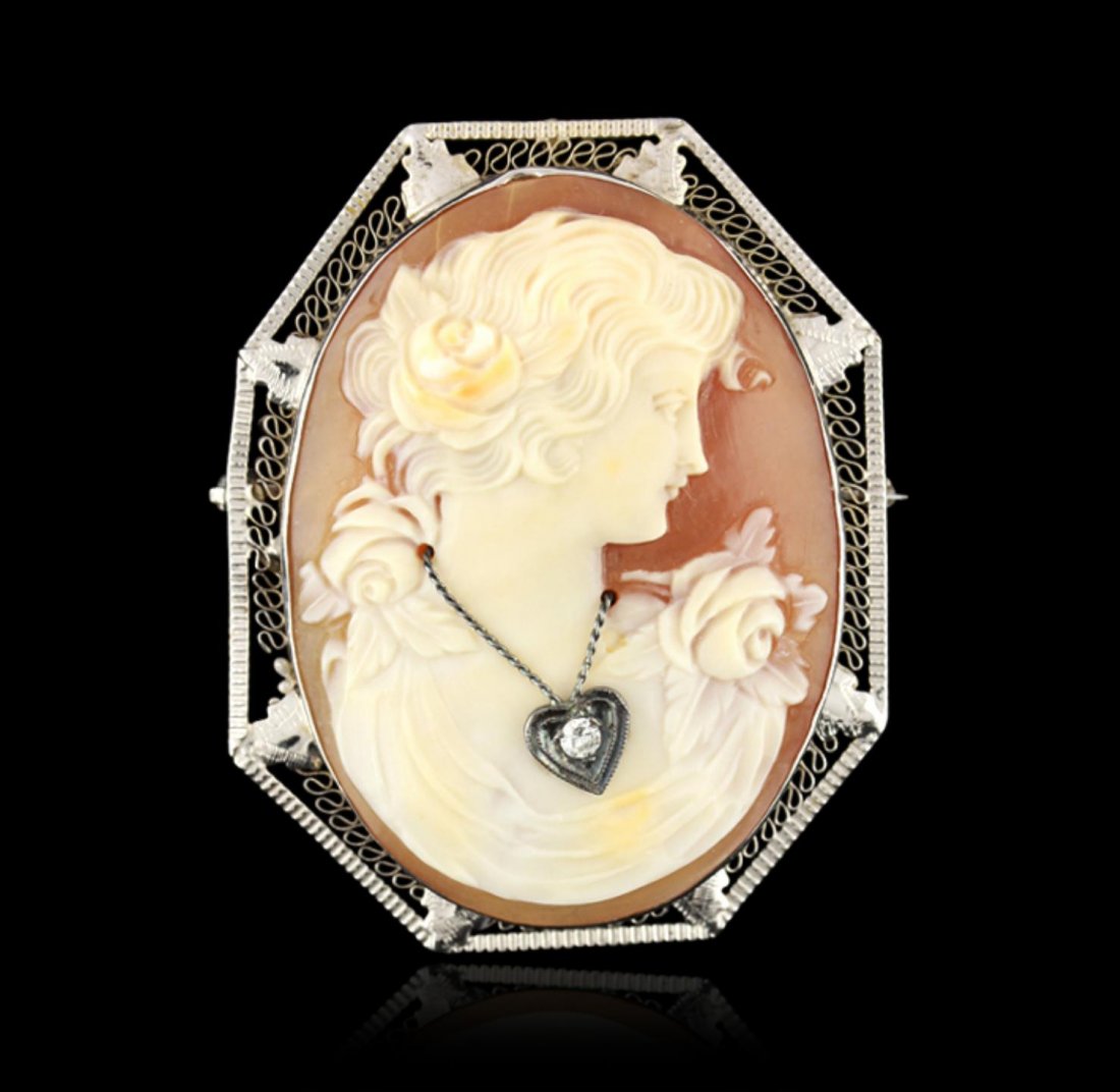 14KT White Gold Diamond Antique Habille Pendant/Brooch: 14KT White Gold Diamond Antique Habille Pendant/Brooch ED1736. Excellent Condition. ED104LH. One gorgeous antique Habille diamond & shell cameo brooch/pendant. This early 20th century circa 1920's-193