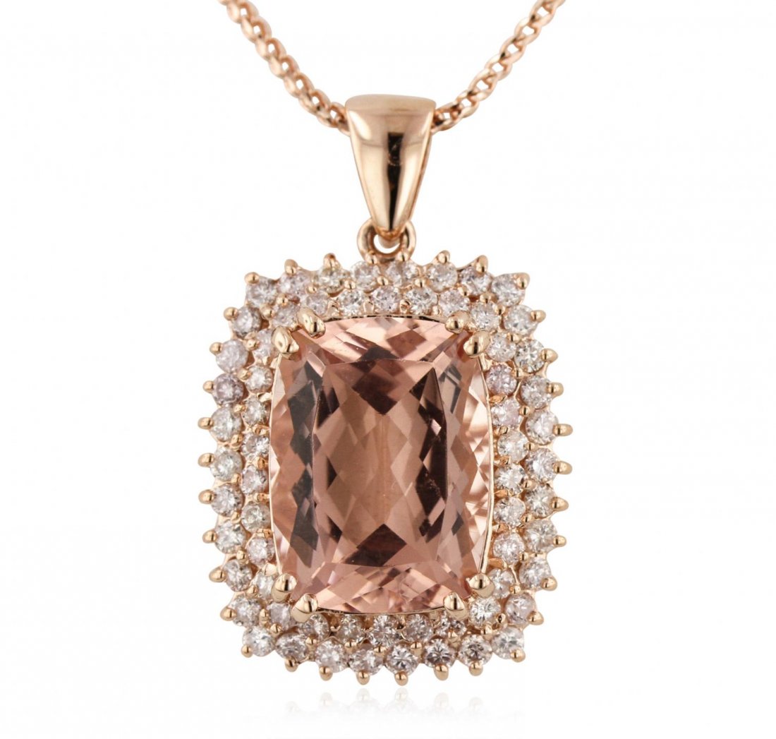 14KT Rose Gold 12.01ct Morganite and Diamond Pendant: 14KT Rose Gold 12.01ct Morganite and Diamond Pendant With Chain A6188. Great Condition! WM2522GX. a One electronically tested 14KT rose gold ladies cast & assembled morganite and diamond pendant with 