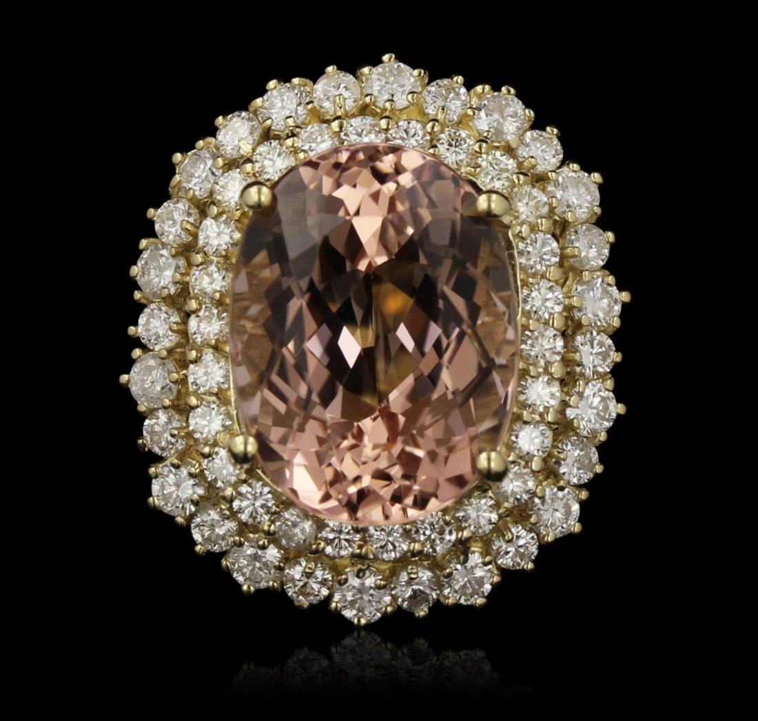 14KT Yellow Gold 10.71ct Morganite and Diamond Ring: 14KT Yellow Gold 10.71ct Morganite and Diamond Ring A7181. Excellent Condition! ZT5091YM. One electronically tested 14KT yellow gold lady's combination cast & assembled cocktail ring with a bright pol