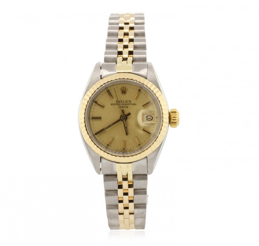 Ladies Rolex Two Tone DateJust Wristwatch A7304: Ladies Rolex Two Tone DateJust Wristwatch A7304. G-5 Fine Condition! PK6002ZT. One, hand crafted & machine milled Rolex Lady's Oyster Perpetual DateJust wristwatch stainless steel and 14KT yellow gold