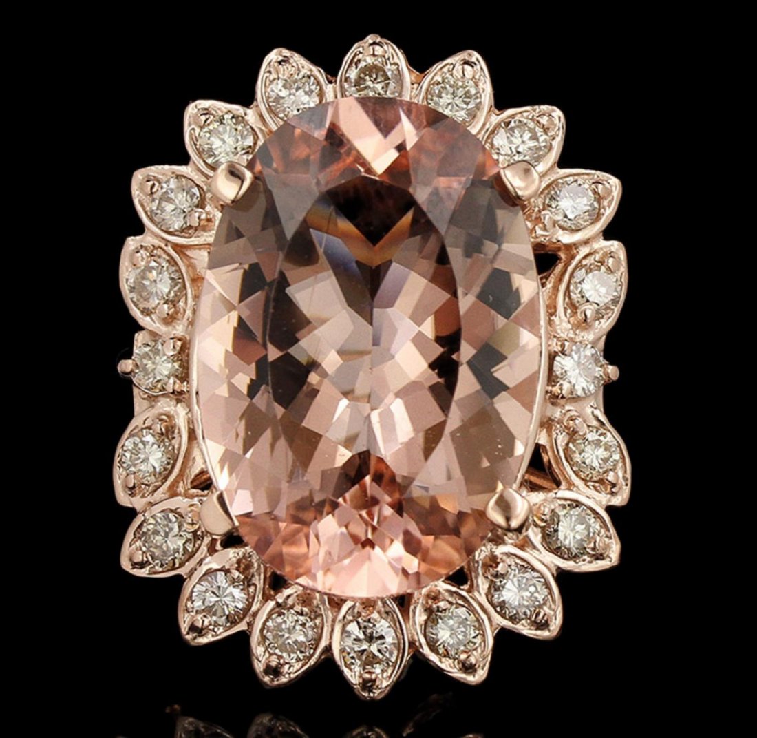14KT Rose Gold 17.95ct GIA Cert Morganite and Diamond: 14KT Rose Gold 17.95ct GIA Cert Morganite and Diamond Ring A6399. Great Condition! SM3572XD. One electronically tested 14KT rose gold ladies cast morganite and diamond ring with a bright polish finish