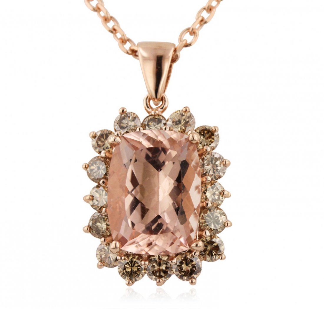 14KT Rose Gold 9.58ct Morganite and Diamond Pendant: 14KT Rose Gold 9.58ct Morganite and Diamond Pendant With Chain A6191. Great Condition! RN3572BT. One electronically tested 14KT rose gold ladies cast & assembled morganite and diamond pendant with cha
