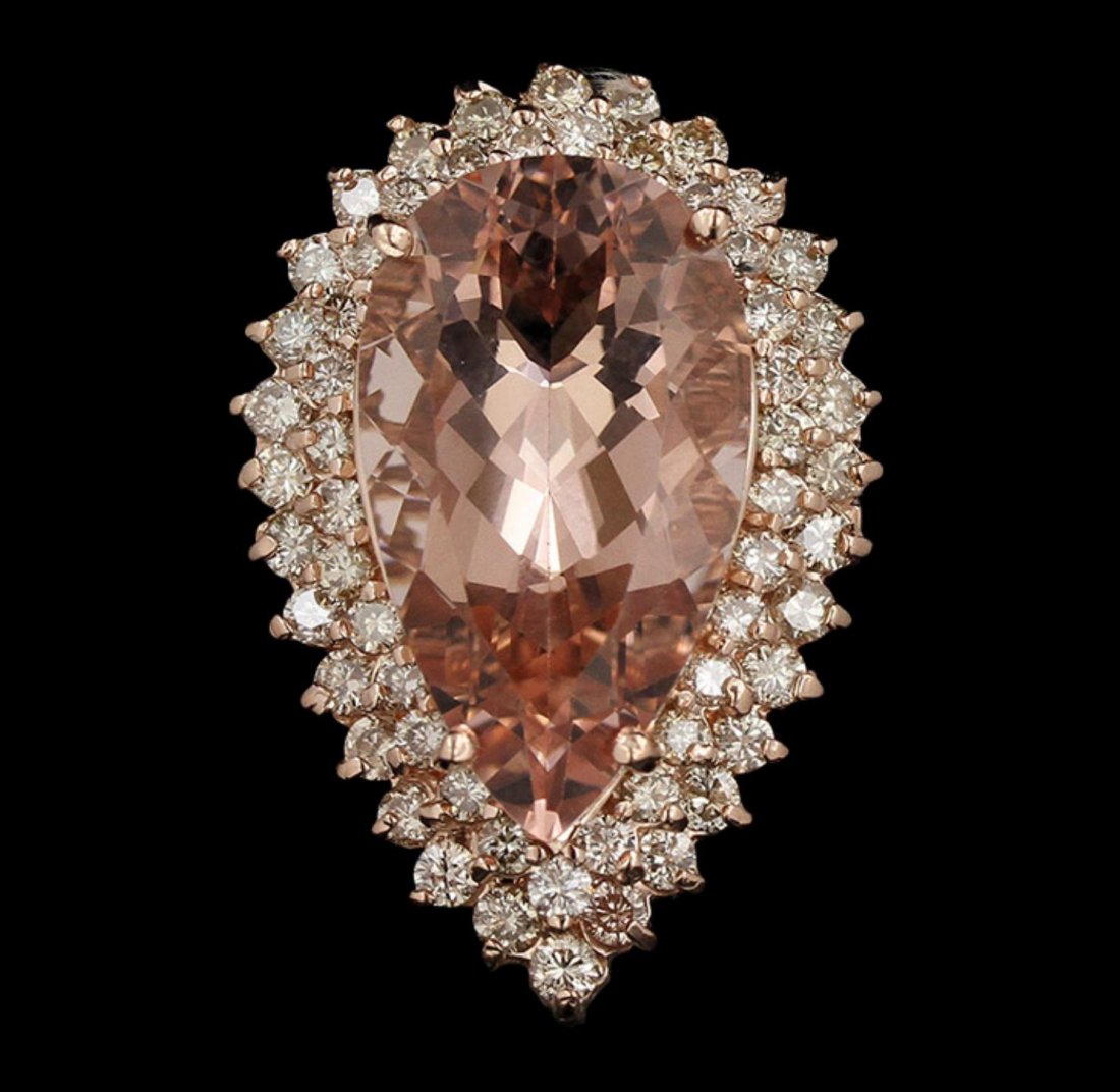 14KT Rose Gold 11.42ct GIA Cert Morganite and Diamond: 14KT Rose Gold 11.42ct GIA Cert Morganite and Diamond Ring A6391. Great Condition! UH7052FM. One electronically tested 14KT rose gold ladies cast morganite and diamond ring with a bright polish finish