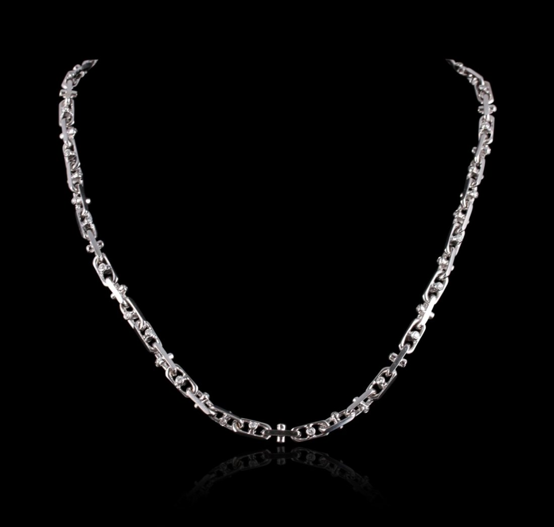 14KT White Gold Gents 2.06ctw Diamond Yard Necklace: 14KT White Gold Men's 2.06ctw Diamond Yard Necklace GB2615. Good Condition. XX1004KH. One necklace featuring 80.30 grams of 14KT white gold and diamonds with a total weight of 2.06cts.