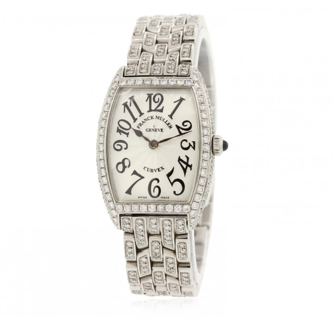 Ladies Franck Muller Cintreé Curvex Wristwatch GB4447: Ladies Franck Muller Cintreé Curvex Wristwatch GB4447. G-5 Fine Condition! ME50011ZJ. One, Ladies Franck Muller Cintreé Curvex Wristwatch, electronically tested stainless steel, Case: 35mm x 25mm se