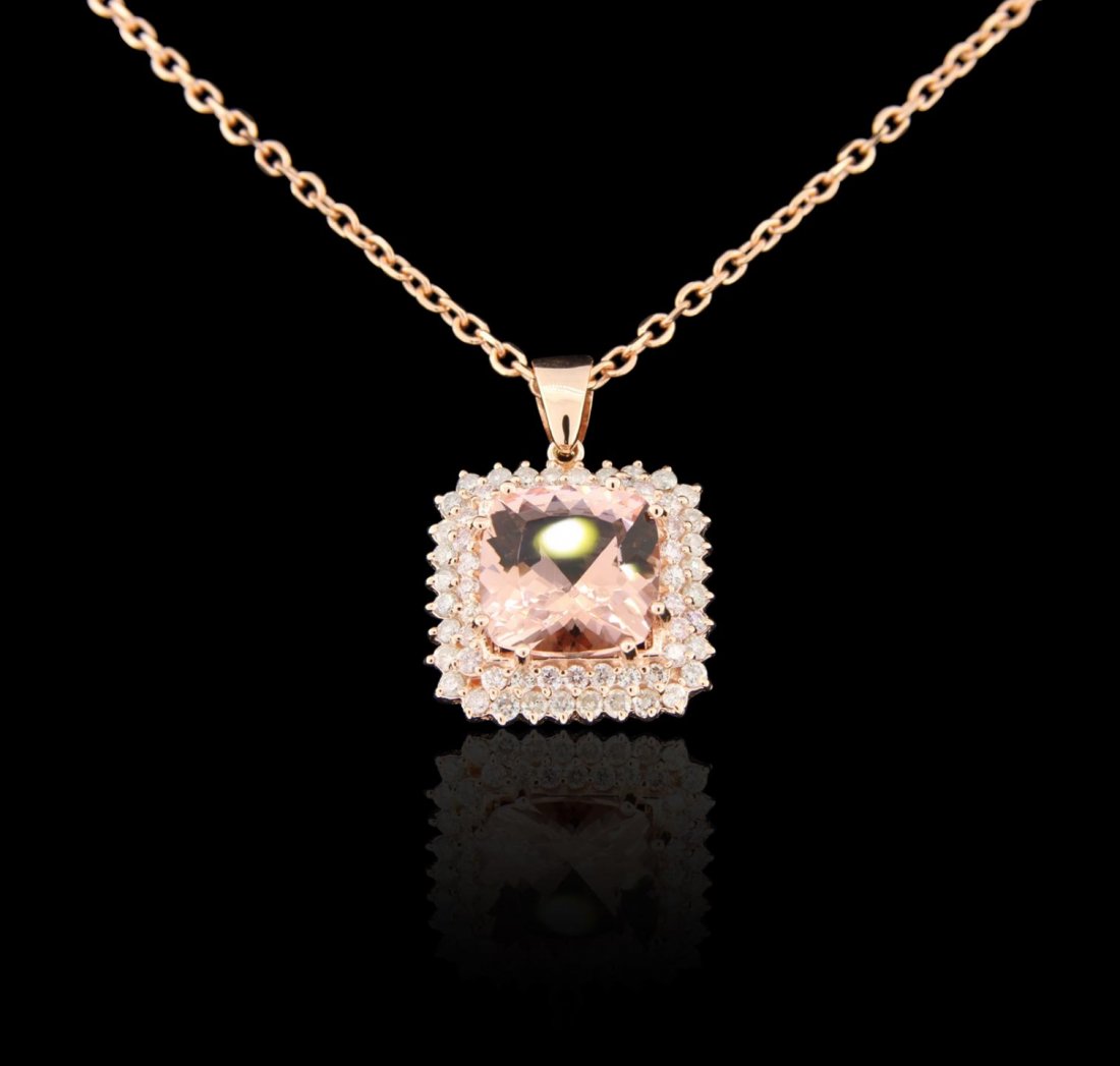 14KT rose gold 7.71ct Morganite and Diamond Pendant: 14KT rose gold 7.71ct Morganite and Diamond Pendant With Chain A6217. Great Condition! XU6052DY. One electronically tested 14KT rose gold ladies cast & assembled morganite and diamond pendant with cha