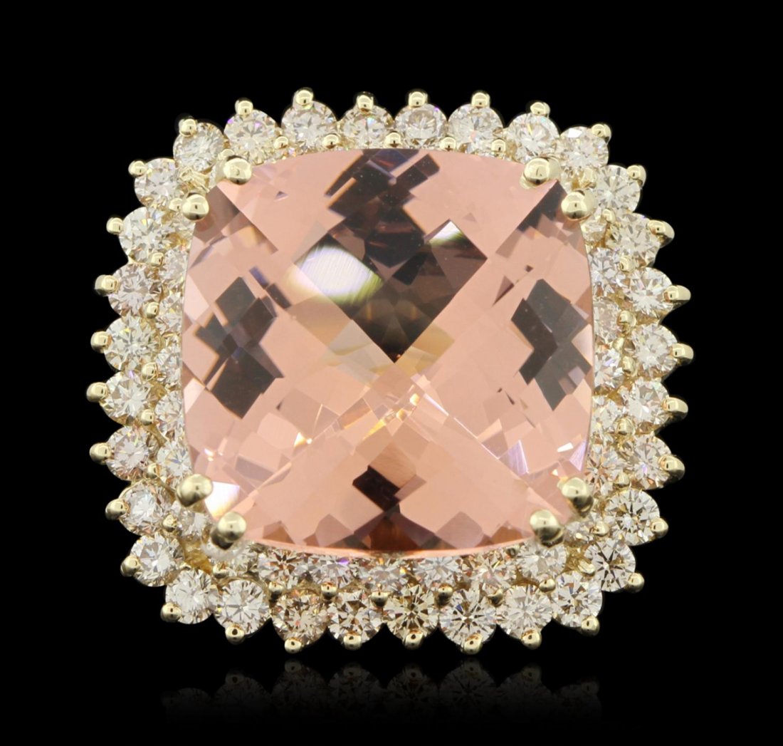 14KT Yellow Gold 21.29ct Morganite and Diamond Ring: 14KT Yellow Gold 21.29ct Morganite and Diamond Ring A6257. Great Condition! BG8004NZ. One electronically tested 14KT yellow gold ladies cast morganite and diamond ring with a bright polish finish. The