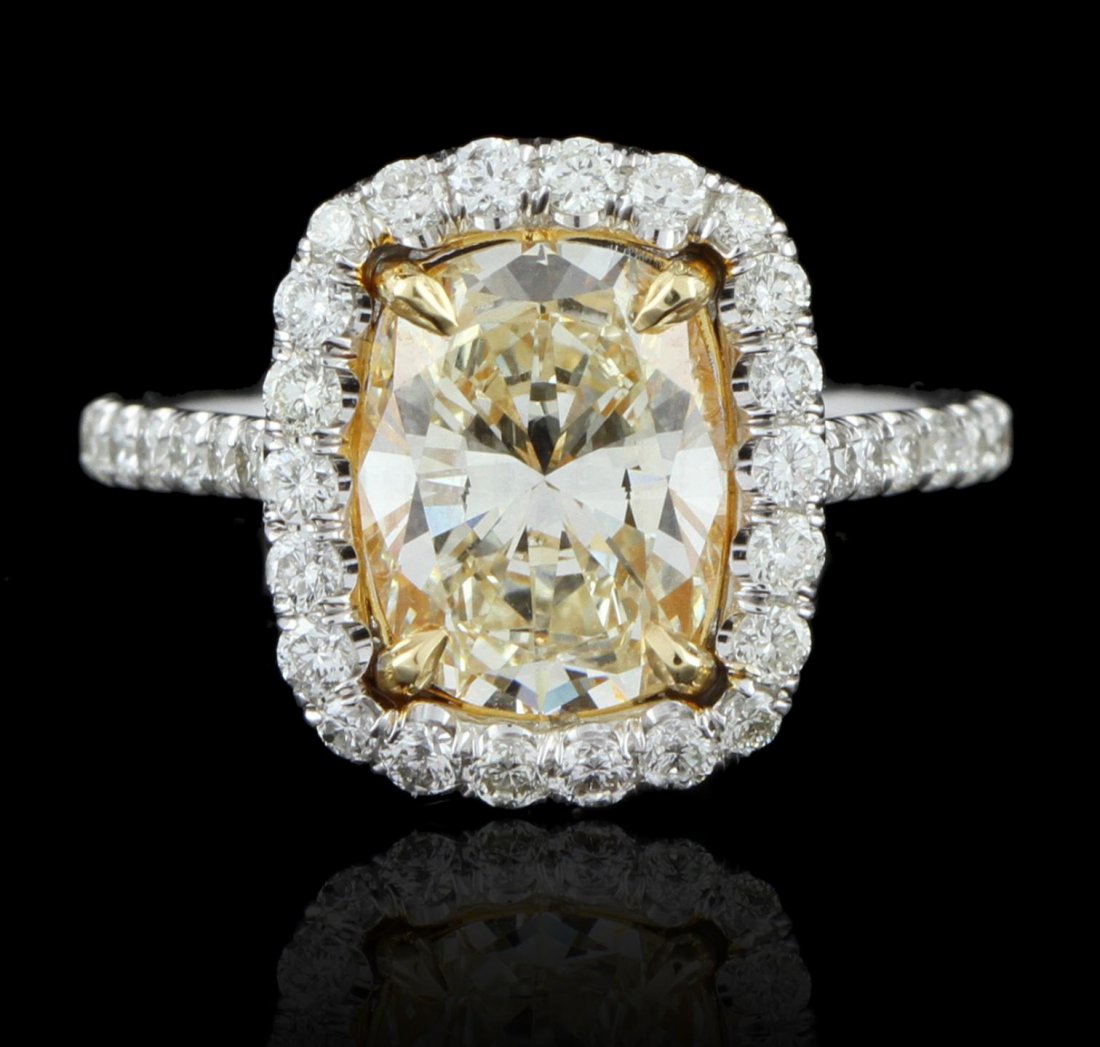 18KT White Gold 2.72ct SI-1/Light Yellow Diamond Ring: 18KT White Gold 2.72ct SI-1/Light Yellow Diamond Ring A5783. Great Condition. NS30041LT. One electronically tested 18KT white gold ladies cast & assembled diamond unity ring with a bright polish finis