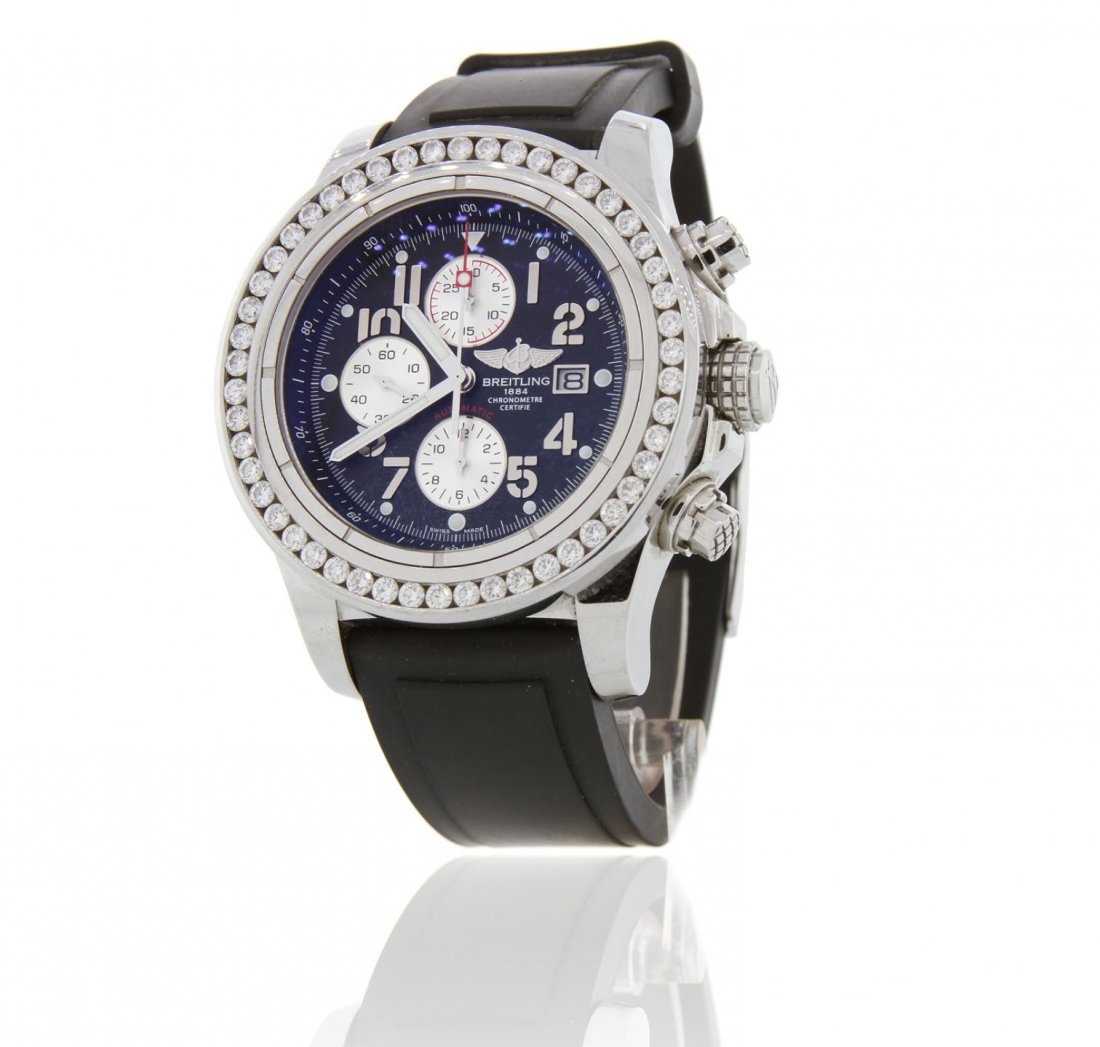 Gents Stainless Steel Breitling Super Avenger: Gents Stainless Steel Breitling Super Avenger Wristwatch w/ Diamonds A5996. Fine Condition! AR3055YG. One gents, Breitling Chronograph wristwatch the Aeromarine Super Avenger electronically tested Sta