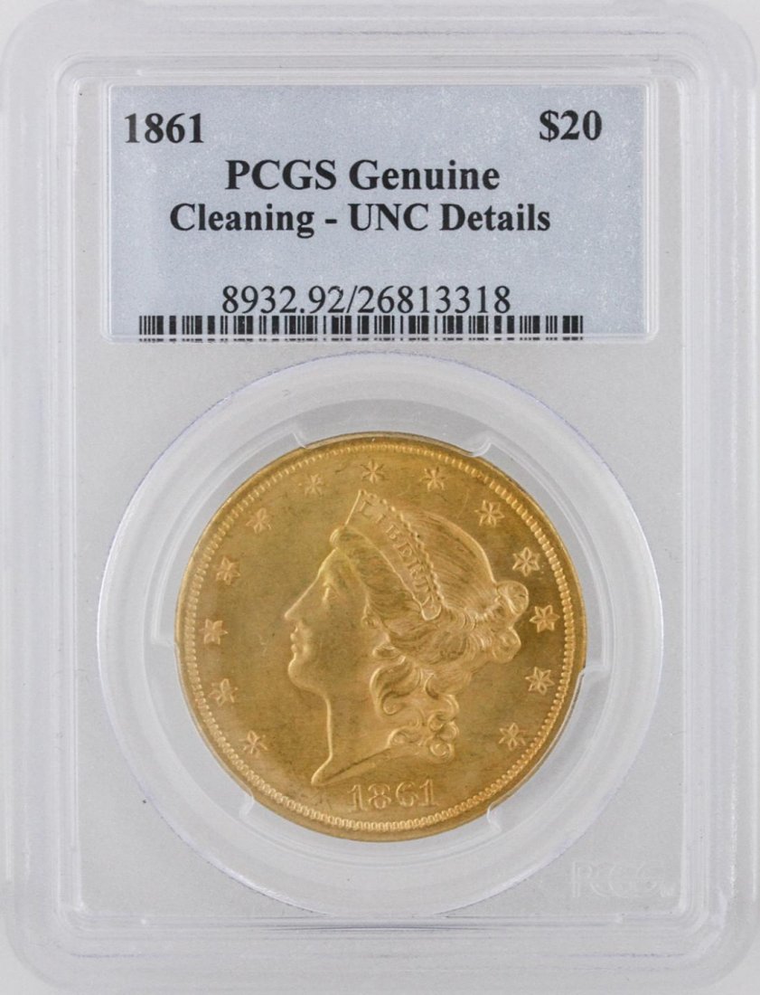 1861 $20 PCGS Genuine Cleaning - UNC Details Liberty: 1861 $20 PCGS Genuine Cleaning - UNC Details Liberty Head Double Eagle Gold Coin DAVEF1980. As-Is Condition! TX8081WB. One 1861 $20 PCGS Genuine Cleaning - UNC Details Liberty Head Double Eagle Gold C