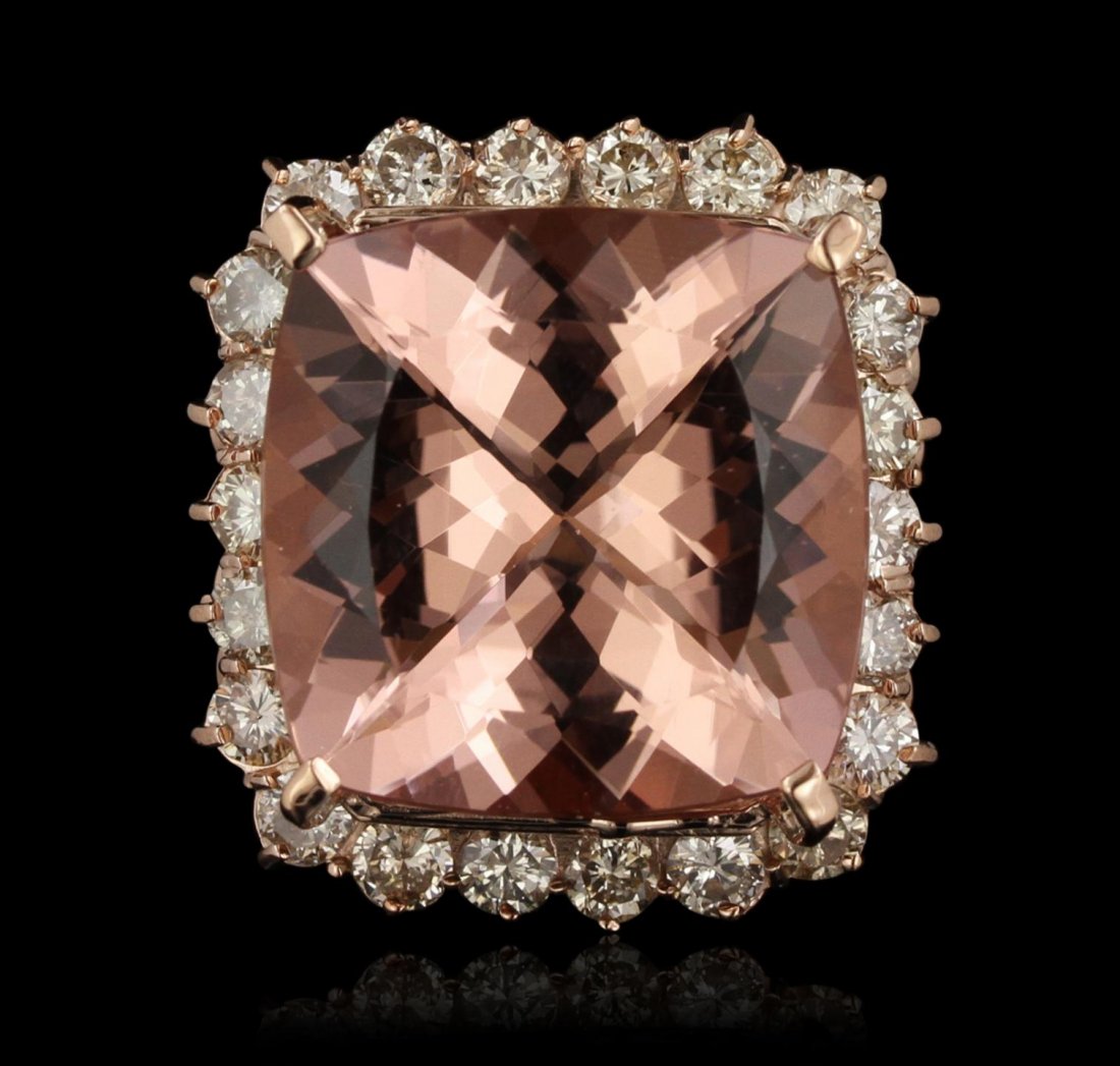 14KT Rose Gold 23.29ct GIA Cert Morganite and Diamond: 14KT Rose Gold 23.29ct GIA Cert Morganite and Diamond Ring A6634. Excellent Condition! TU7004XN. One electronically tested 14KT rose gold lady's combination cast & assembled cocktail ring with a brigh
