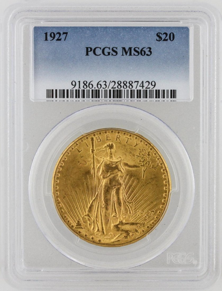 1927 PCGS Graded MS63 $20 St. Gaudens Double Eagle Coin: 1927 PCGS Graded MS63 $20 St. Gaudens Double Eagle Coin GCE377. As-Is Condition! NC3051CW. One 1927 PCGS Graded MS63 $20 St. Gaudens Double Eagle Coin.