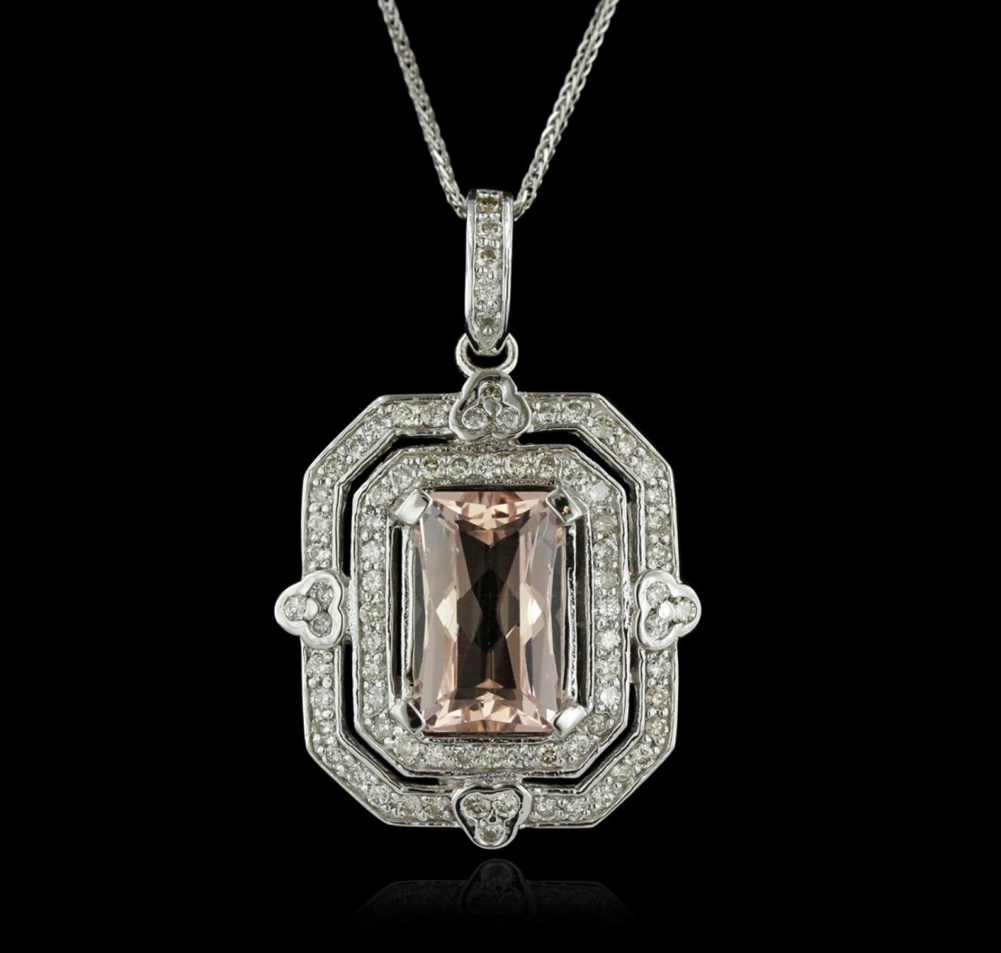 14KT White Gold 6.20ct Morganite and Diamond Pendant: 14KT White Gold 6.20ct Morganite and Diamond Pendant With Chain A8264. New Condition! FR8052YH. One electronically tested 14KT white gold lady's combination cast & die struck pendant & chain 17.0" lon