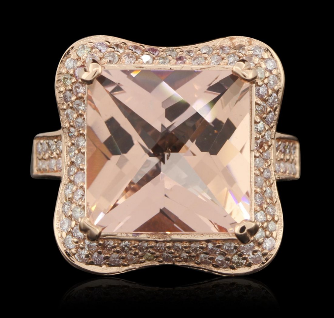 14KT Rose Gold 9.58ct Morganite and Diamond Ring A6160: 14KT Rose Gold 9.58ct Morganite and Diamond Ring A6160. Great Condition! UT3002PZ. One electronically tested 14KT rose gold ladies cast morganite and diamond ring with a bright polish finish. Conditio