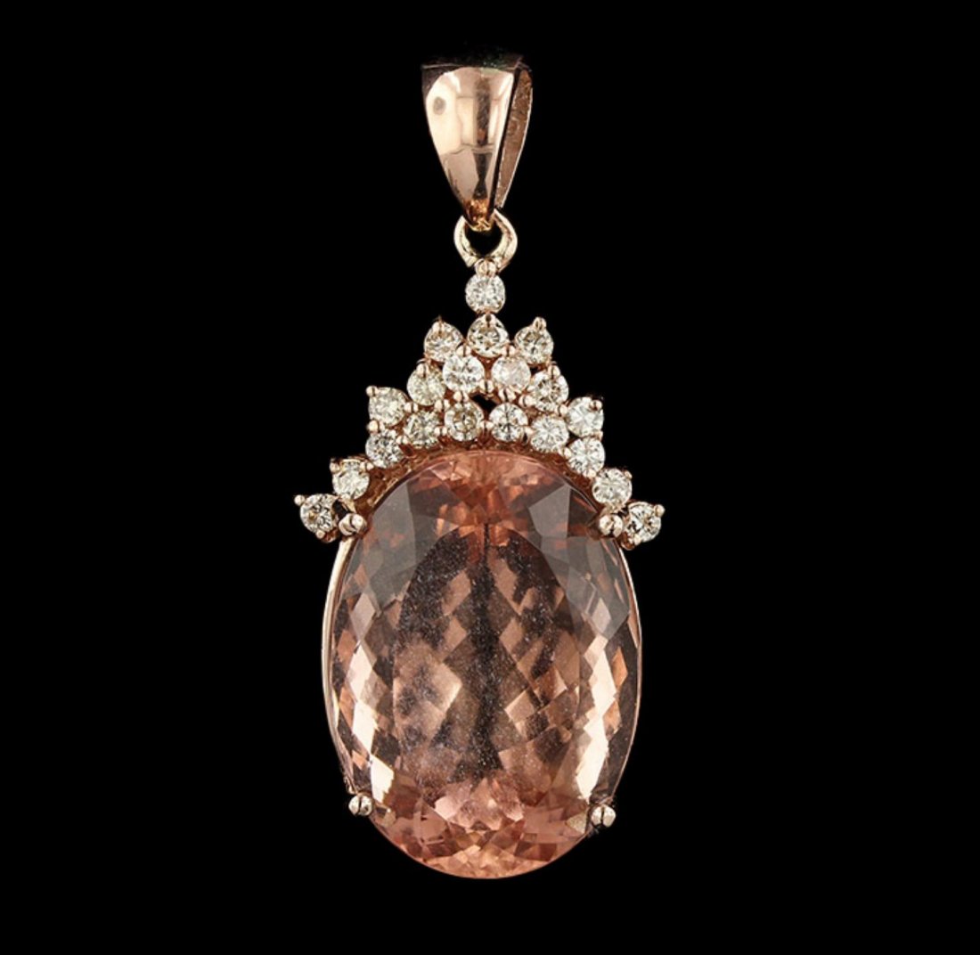 14KT Rose Gold 35.59ct GIA Cert Morganite and Diamond: 14KT Rose Gold 35.59ct GIA Cert Morganite and Diamond Pendant A6388. Great Condition! MJ8053PE. One electronically tested 14KT rose gold ladies cast & assembled morganite and diamond pendant with a br
