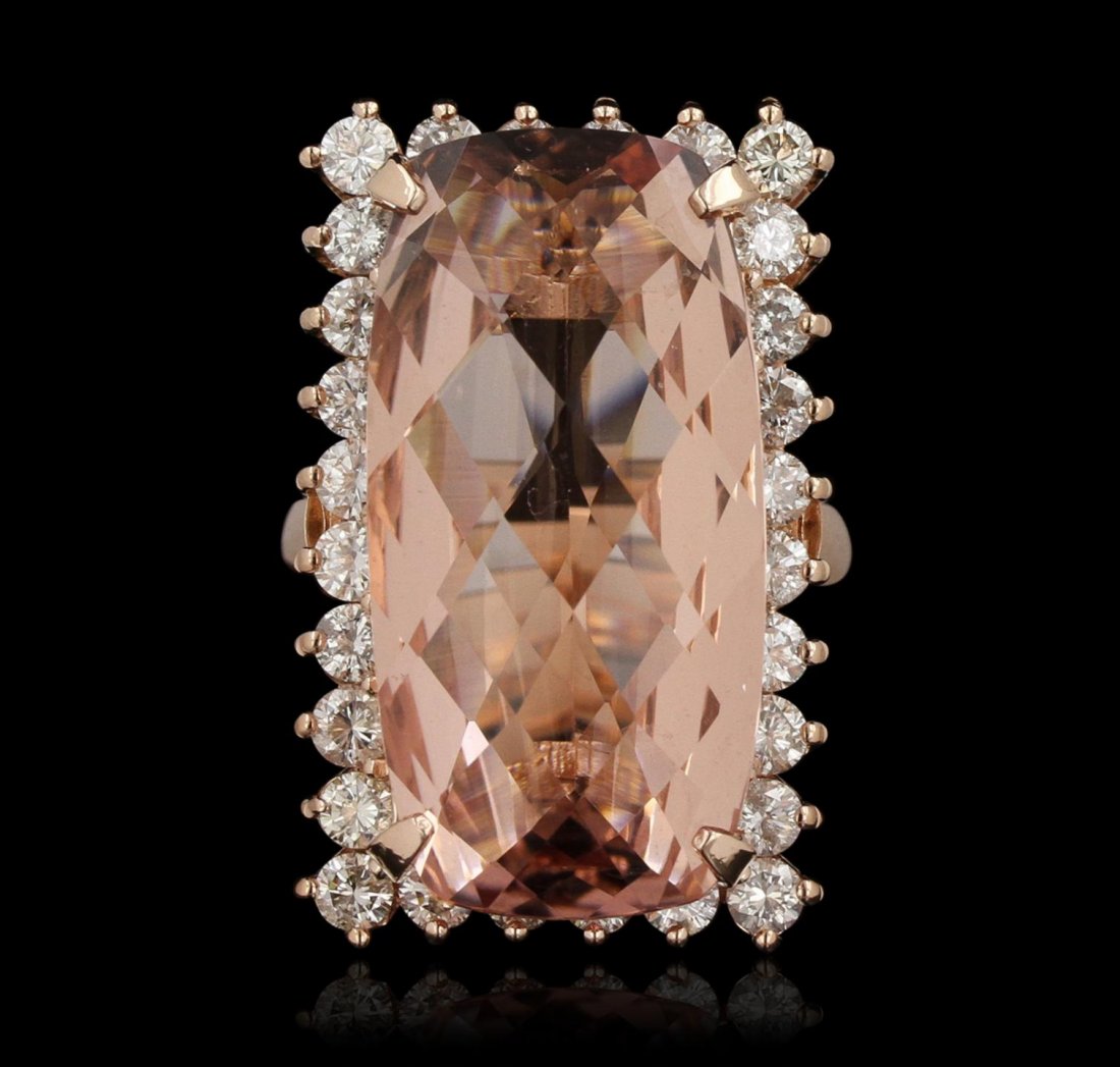 14KT Rose Gold 21.12ct GIA Cert Morganite and Diamond: 14KT Rose Gold 21.12ct GIA Cert Morganite and Diamond Ring A6314. Great Condition! UH7053FM. One electronically tested 14KT rose gold ladies cast morganite and diamond ring with a bright polish finish