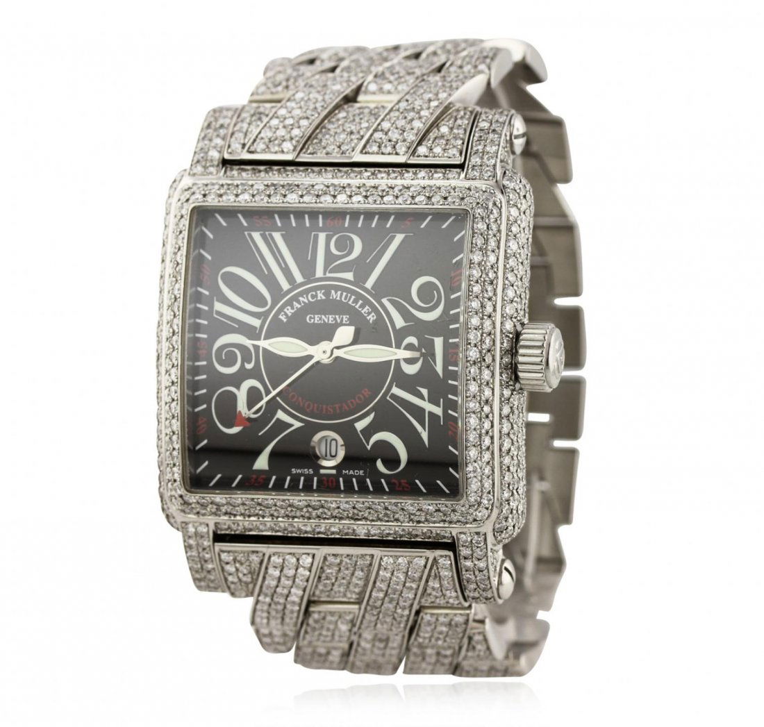 Gents Franck Muller Cortez Conquistador 24.55ctw: Gents Franck Muller Cortez Conquistador 24.55ctw Diamond Wristwatch A5834. Average Condition! TJ50091BW. One, customized Franck Muller Cortez Conquistador Wristwatch, electronically tested. Stainless