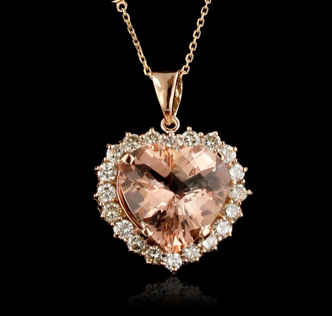 14KT Rose Gold 15.71ct GIA Cert Morganite and Diamond: 14KT Rose Gold 15.71ct GIA Cert Morganite and Diamond Pendant With Chain A6637. Excellent Condition! RR3004ZF. One electronically tested 14KT rose gold lady's combination cast & die struck monogram pe