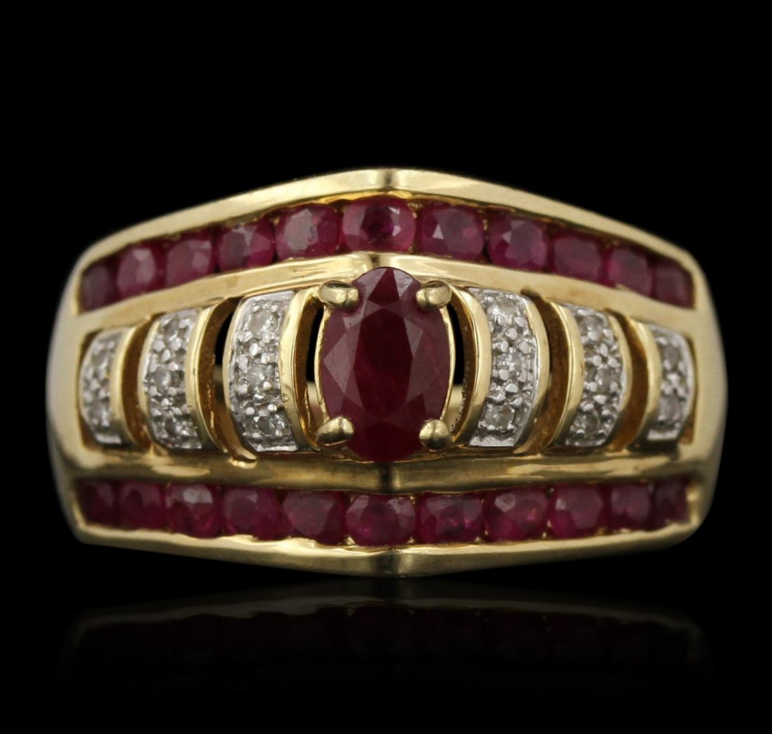 10KT Yellow Gold 2.05ctw Ruby and Diamond Ring A7257: 10KT Yellow Gold 2.05ctw Ruby and Diamond Ring A7257. Good Condition! MH503PN. One electronically tested 10KT yellow gold ladies cast ruby and diamond ring. Condition is good. The featured ruby is sup