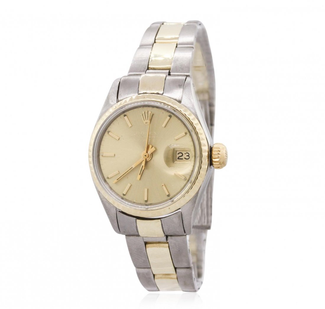 Ladies 14KT Yellow Gold and Stainless Steel Rolex: Ladies 14KT Yellow Gold and Stainless Steel Rolex Wristwatch A8923. G-4 Average Condition! XG8081TD. One ladies, hand crafted & machine milled Rolex Date Model wristwatch electronically tested, Stainl