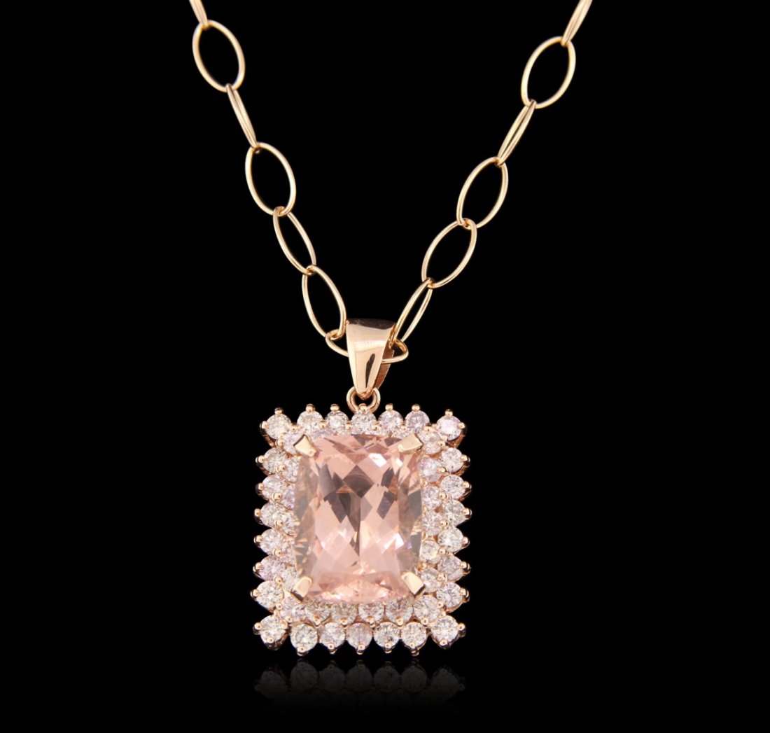 14KT Rose Gold 10.72ct Morganite and Diamond Pendant: 14KT Rose Gold 10.72ct Morganite and Diamond Pendant With Chain A6482. good Condition! HW8003TV. One electronically tested 14KT rose gold ladies cast & assembled morganite and diamond pendant with cha