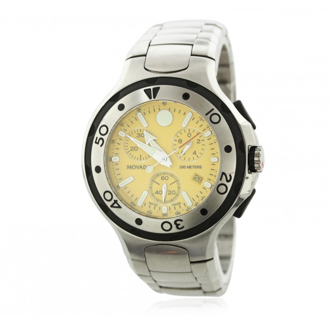 Gents Stainless Steel Movado Wristwatch GB5957: Gents Stainless Steel Movado Wristwatch GB5957. Good Condition! UA255KZ. One gents Movado Series 800 Wristwatch featuring: Chronograph, Yellow Dial with Analog Display, 3 Subdials at 10, 30, and 50 se