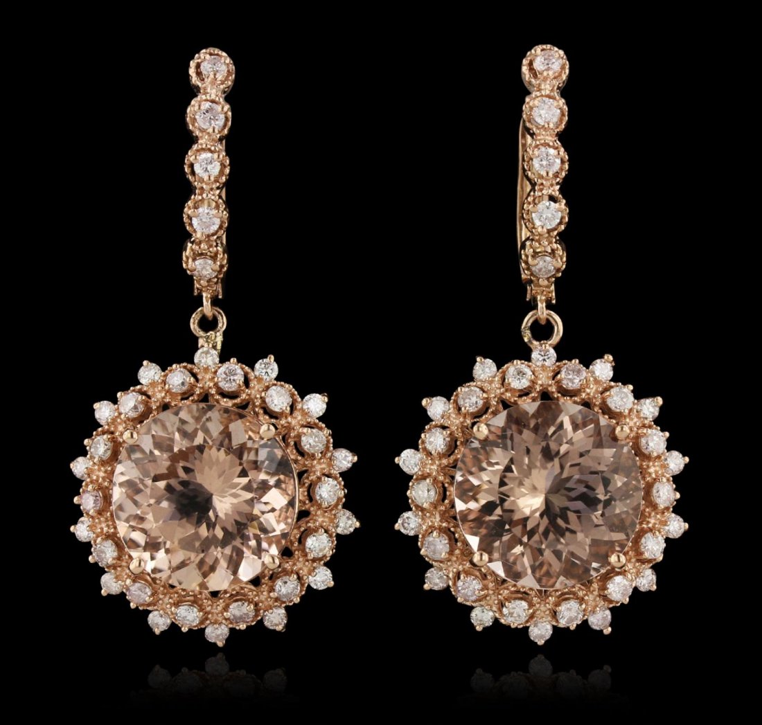 14KT Rose Gold 14.56ctw Morganite and Diamond Earrings: 14KT Rose Gold 14.56ctw Morganite and Diamond Earrings A6197. Great Condition! GY4052XX. One pair electronically tested 14KT rose gold ladies cast & assembled morganite and diamond earrings with hinge