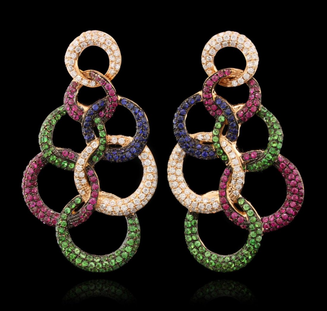 18KT Rose Gold 1.36ctw Tsavorite, Ruby and Sapphire: 18KT Rose Gold 1.36ctw Tsavorite, Ruby and Sapphire Earrings CRJ202. Good Condition! EG2572TH. One pair of earrings featuring: 18.10 grams of 18KT Rose Gold, (188) Tsavorites with a total weight of 1.