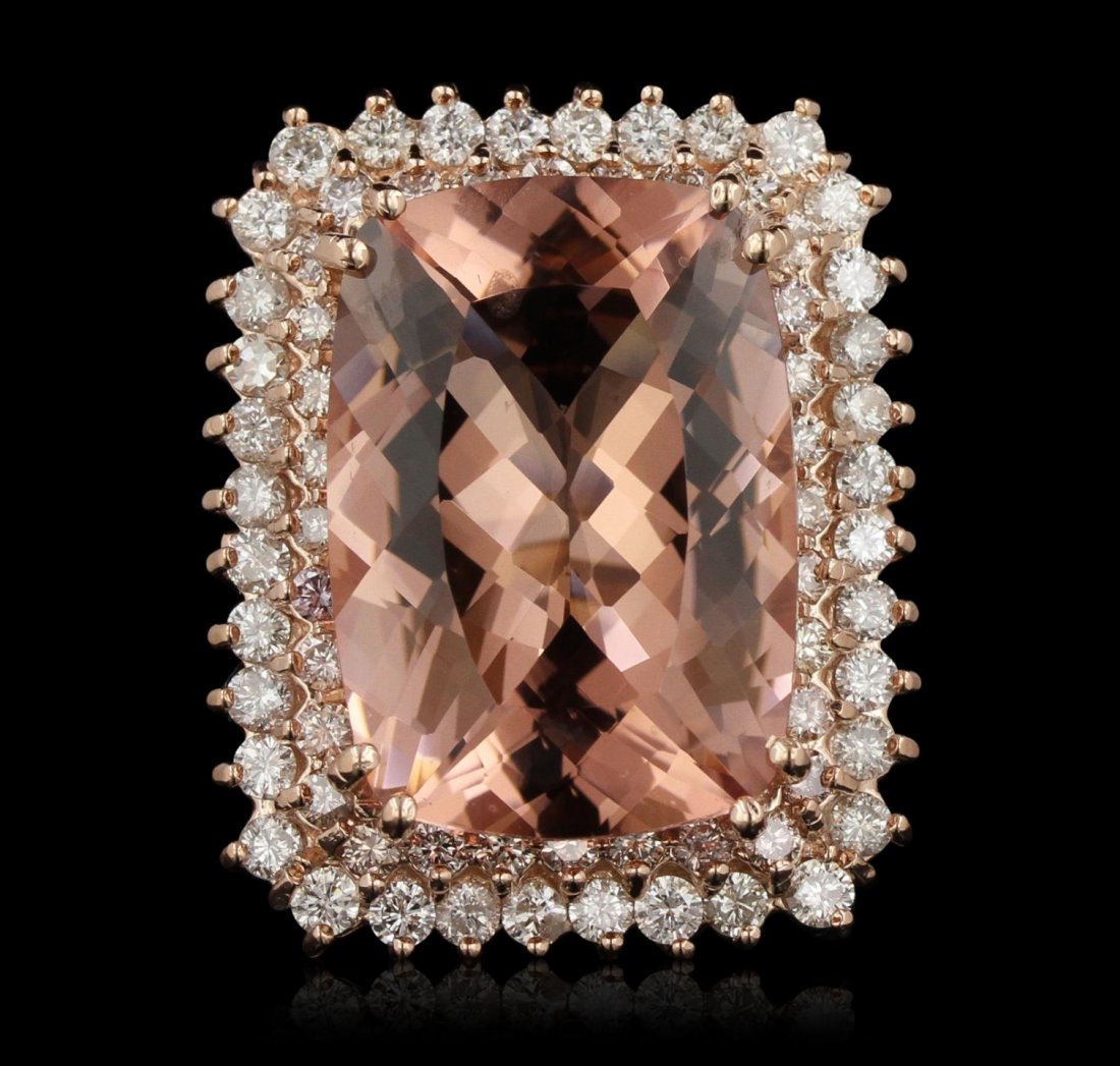14KT Rose Gold 23.01ct GIA Cert Morganite and Diamond: 14KT Rose Gold 23.01ct GIA Cert Morganite and Diamond Ring A6305. Great Condition! PW2004ZB. One electronically tested 14KT rose gold ladies cast morganite and diamond ring with a bright polish finish