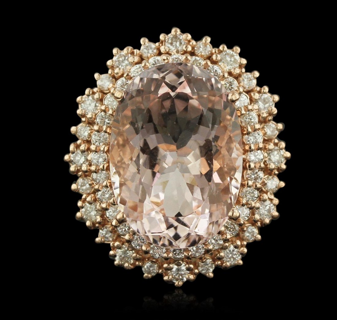 14KT Rose Gold 10.28ct Morganite and Diamond Ring A8961: 14KT Rose Gold 10.28ct Morganite and Diamond Ring A8961. New Condition! SV4071HY. One electronically tested 14KT rose gold lady's combination cast & assembled ring with a high polish finish. Condition