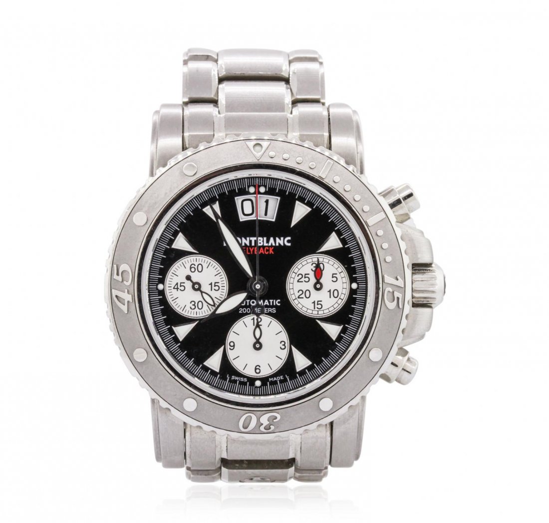 Gents Stainless Steel Montblanc Wristwatch GB5980: Gents Stainless Steel Montblanc Wristwatch GB5980. Good Condition! FB4051RG. One gents Montblanc Flyback Chronograph Luxury Sport Style Wristwatch featuring: Stainless Steel Bracelet, Lugs, 43mm (excl
