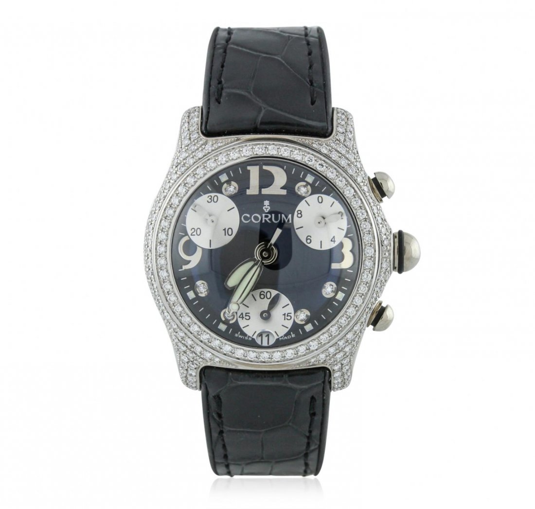 Gents 18KT White Gold 1.00ctw Diamond Corum Bubble: Gents 18KT White Gold 1.00ctw Diamond Corum Bubble Chronograph Wristwatch GB5424. G-5 Fine Condition! FJ3057CX. One, Corum Bubble Chronograph Diamond wristwatch electronically tested 18KT white gold,