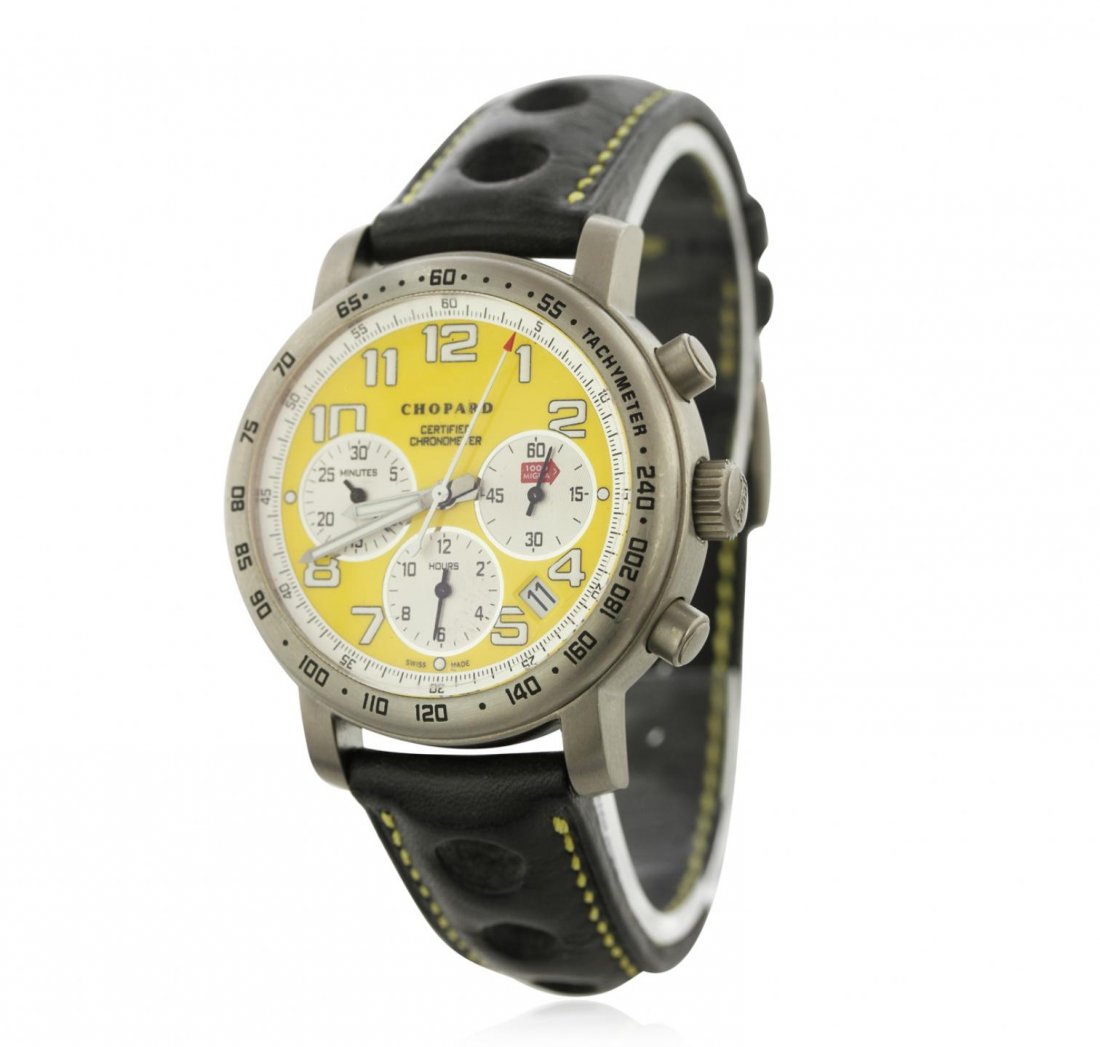 Gents Titanium Chopard Wristwatch GB5964: Gents Titanium Chopard Wristwatch GB5964. Good Condition! HC6061EM. One gents Chopard Mille Miglia Racing Colors 168915-3007 Certified Chronometer Wristwatch featuring: Black Leather Strap with Yellow