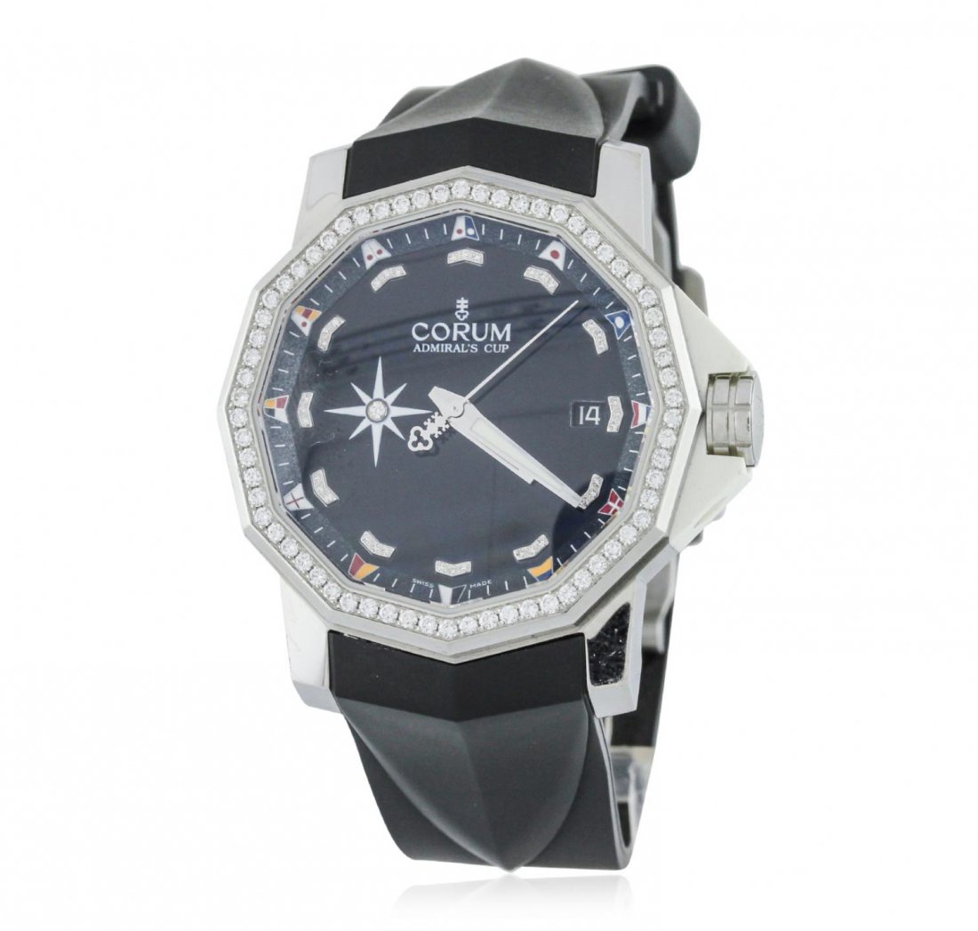 Gents Stainless Steel 1.00ctw Diamond Corum Admirals: Gents Stainless Steel 1.00ctw Diamond Corum Admirals Cup Competition Wristwatch GB5422. G-5 Fine Condition! RE5055XH. One, Corum Admirals Cup Competition wristwatch electronically tested stainless ste