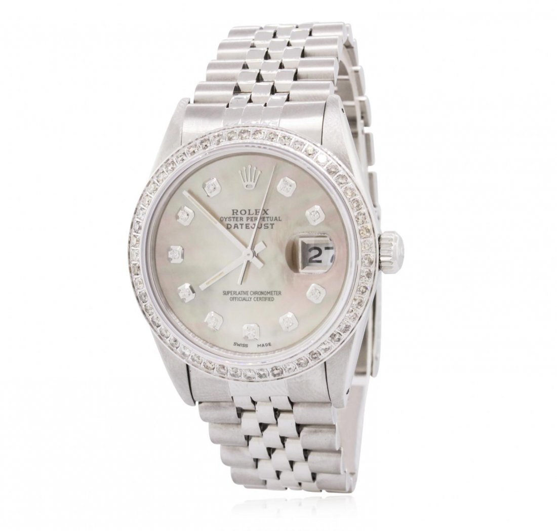 Gents Rolex Diamond DateJust Model Wristwatch GB5932: Gents Rolex Diamond DateJust Model Wristwatch GB5932. G-4 Average Condition! JY6053FG. One gents, hand crafted & machine milled Rolex DateJust wristwatch electronically tested stainless steel, Case: 3