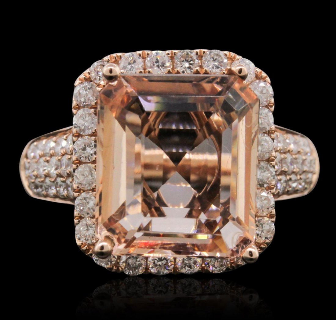14KT Rose Gold 5.80ct Morganite and Diamond Ring A9017: 14KT Rose Gold 5.80ct Morganite and Diamond Ring A9017. New Condition! FA4021GP. One electronically tested 14KT rose gold lady's combination cast & assembled fancy ring with a high polish finish. Cond