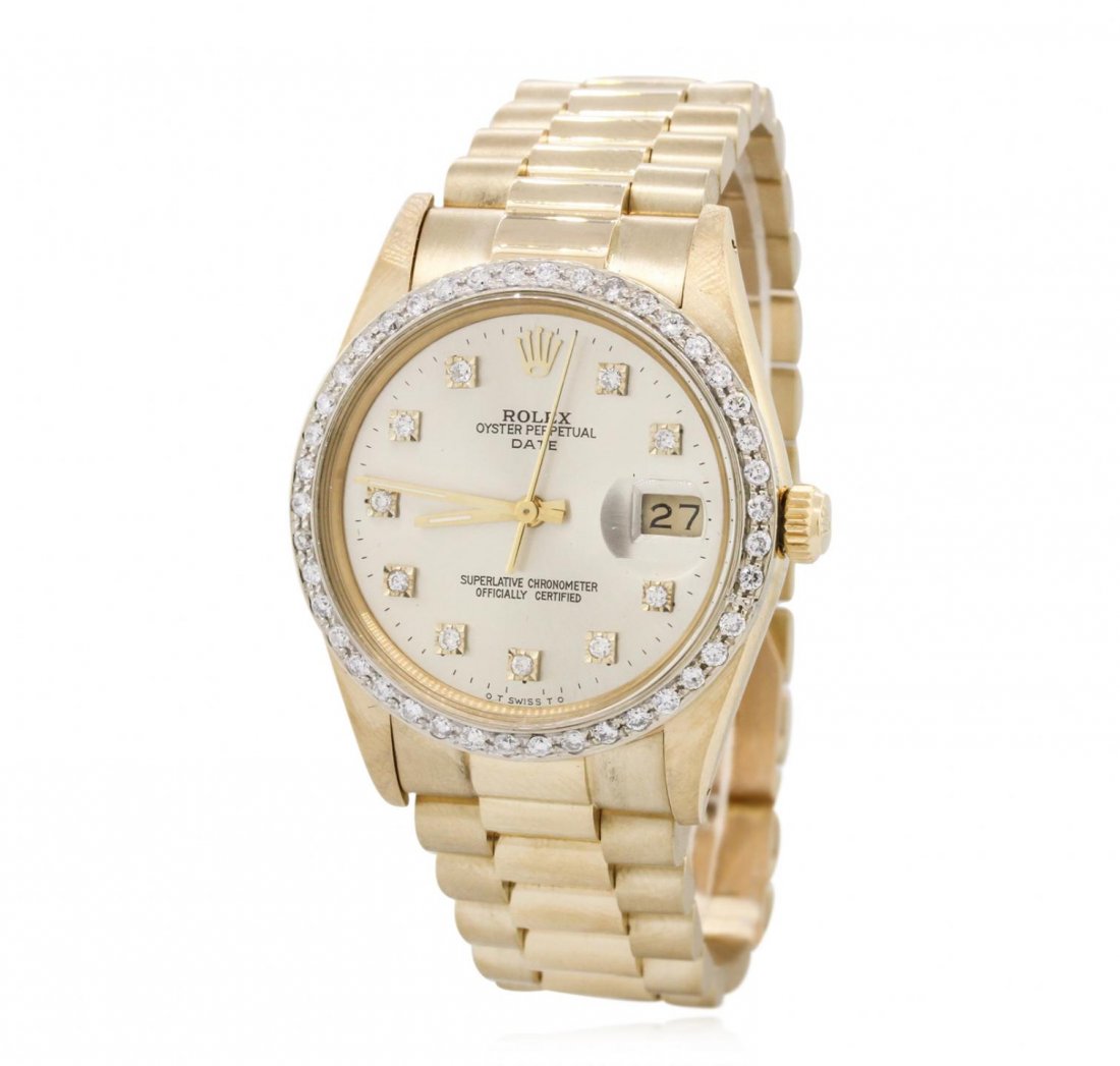 Gents Rolex 18KT Yellow Gold Date Model Diamond: Gents Rolex 18KT Yellow Gold Date Model Diamond Wristwatch A8591. G-4 Average Condition! EB7009ER. One gents, hand crafted & machine milled Rolex Date Model wristwatch electronically tested 18KT yello