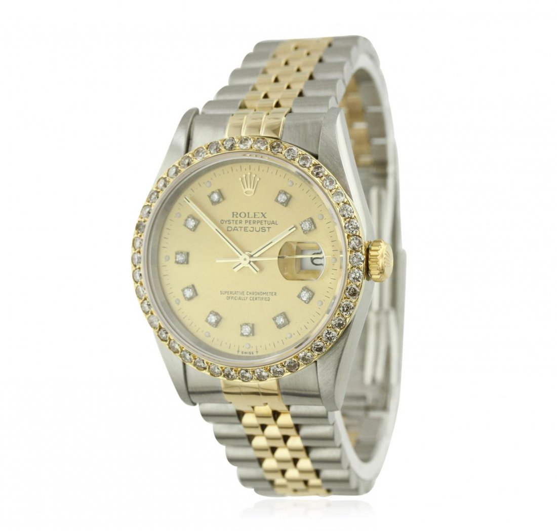 Gents Two-Tone Rolex DateJust Diamond Wristwatch GB5827: Gents Two-Tone Rolex DateJust Diamond Wristwatch GB5827. G-4 Average Condition! ME3005EU. One gents, hand crafted & machine milled Rolex two-tone DateJust wristwatch electronically tested, Stainless S