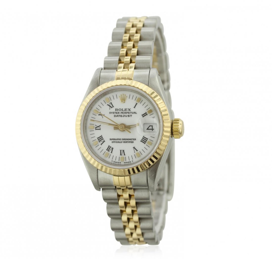 Ladies 18KT Yellow Gold and Stainless Steel Rolex: Ladies 18KT Yellow Gold and Stainless Steel Rolex Wristwatch GB6012. G-5 Fine Condition! RW8003TA. One ladies, hand crafted & machine milled Rolex DateJust Model Stainless Steel & 18KT yellow gold wri