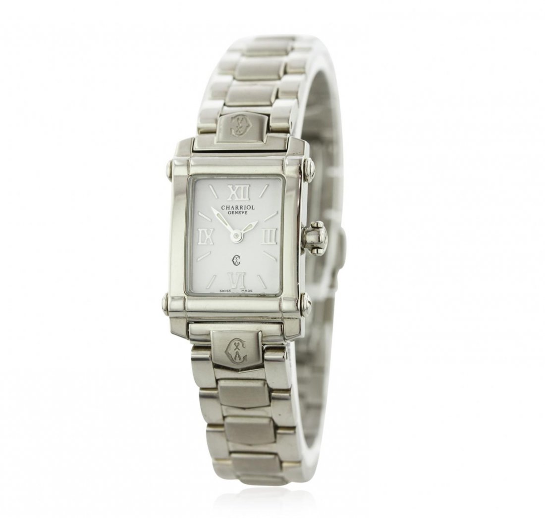 Ladies Stainless Steel Charriol Wristwatch GB5962: Ladies Stainless Steel Charriol Wristwatch GB5962. Good Condition! DT756MG. One ladies Phillipe Charriol Romulus Luxury Dress Style Wristwatch featuring: Stainless Steel Bracelet, Crown, and Lugs, Whi