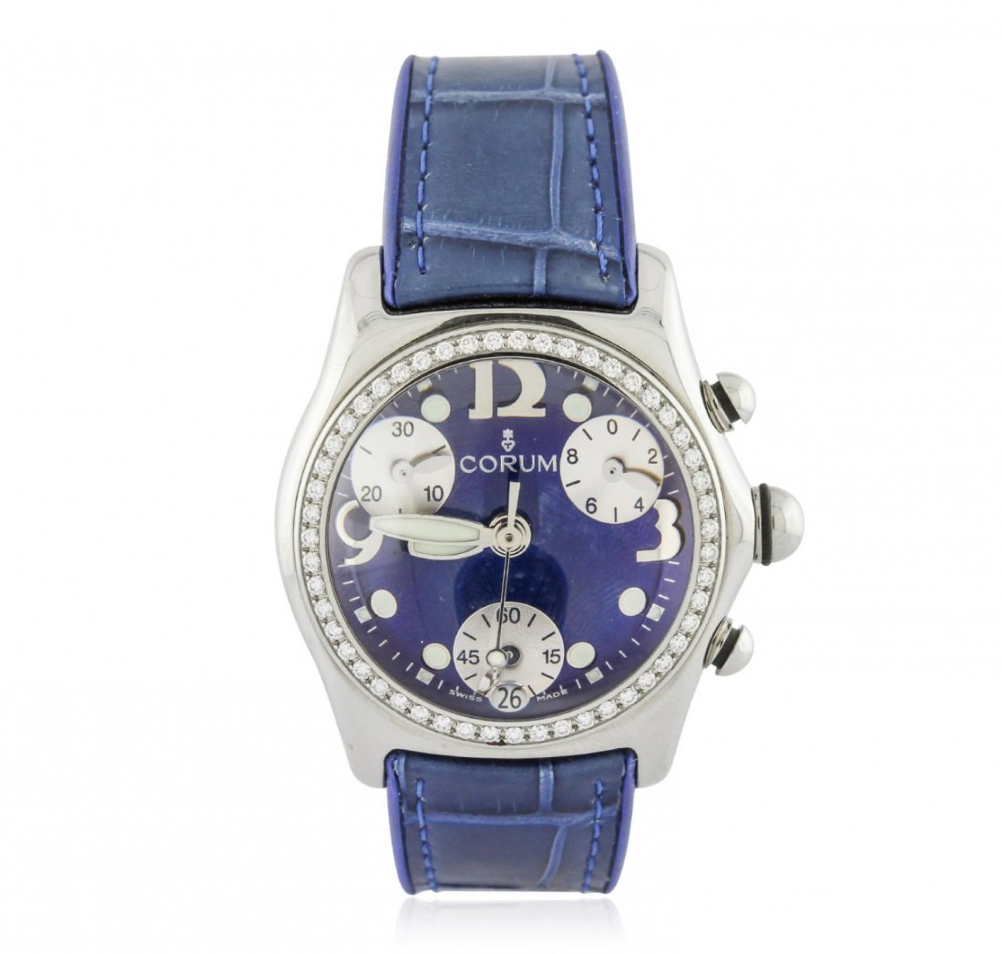 Stainless Steel 0.65ctw Diamond Corum Wristwatch GB5939: Stainless Steel 0.65ctw Diamond Corum Wristwatch GB5939. G-5 Fine Condition! NR8052BY. One, Corum Bubble Chronograph Diamond wristwatch electronically tested stainless steel, Case: 36mm diameter, Case