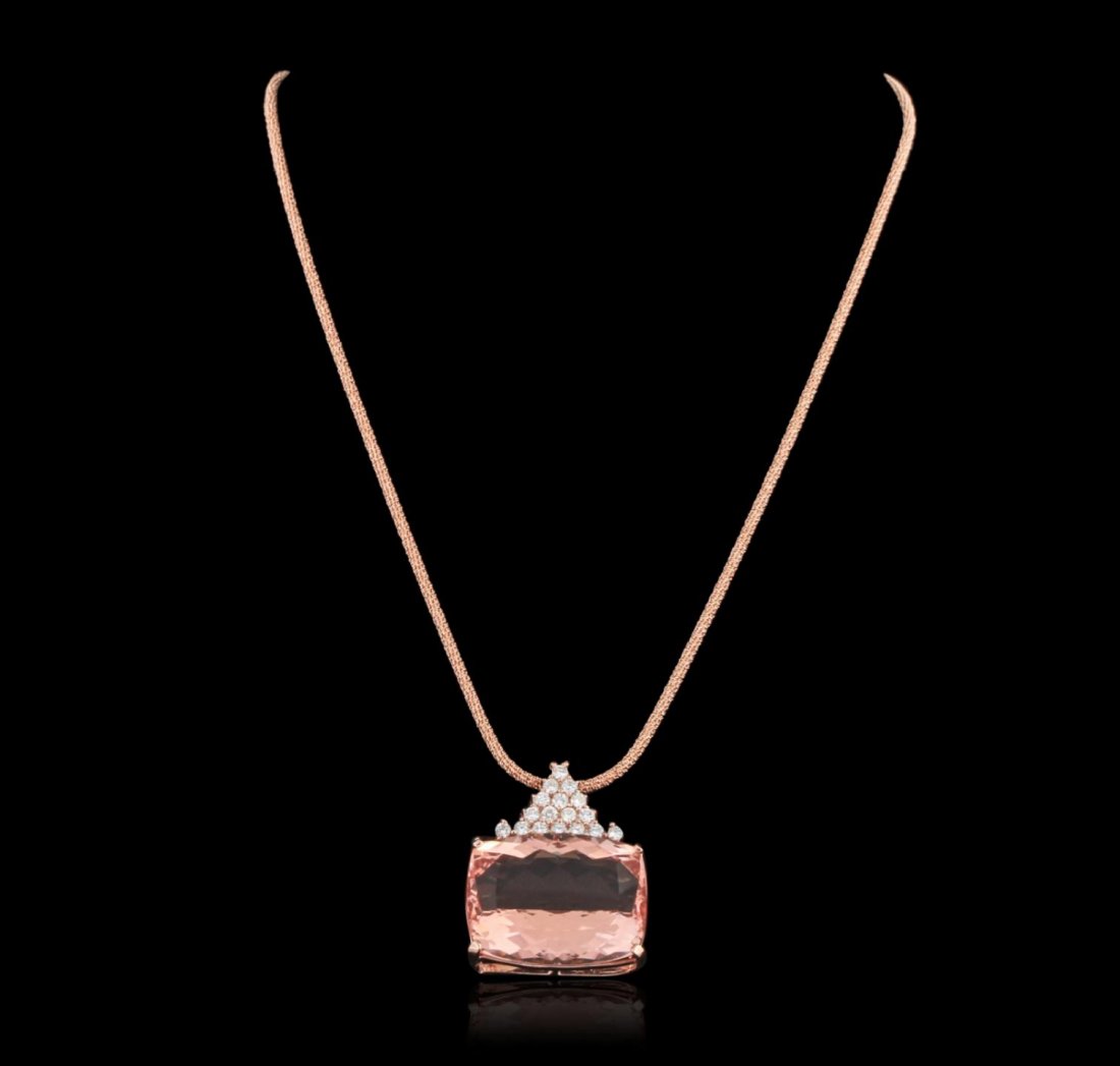 14KT Rose Gold GIA Certified 56.86ct Morganite and: 14KT Rose Gold GIA Certified 56.86ct Morganite and Diamond Pendant With Chain A9364. New Condition! PA8005FS. One electronically tested 14KT rose gold ladies cast & assembled morganite and diamond pen
