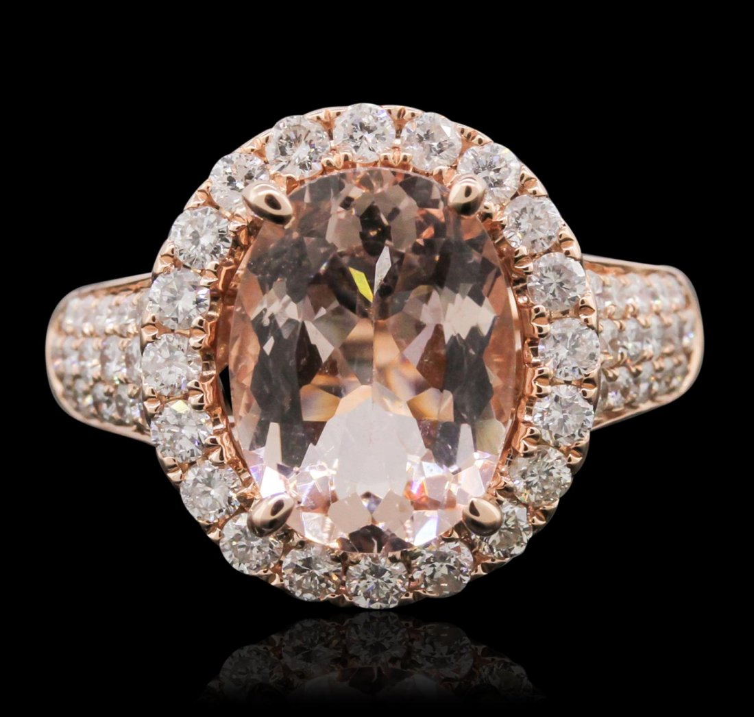 14KT Rose Gold 3.30ct Morganite and Diamond Ring A8738: 14KT Rose Gold 3.30ct Morganite and Diamond Ring A8738. New Condition! JR7031RA. One electronically tested 14KT rose gold lady's combination cast & assembled ring with a high polish finish. Condition 