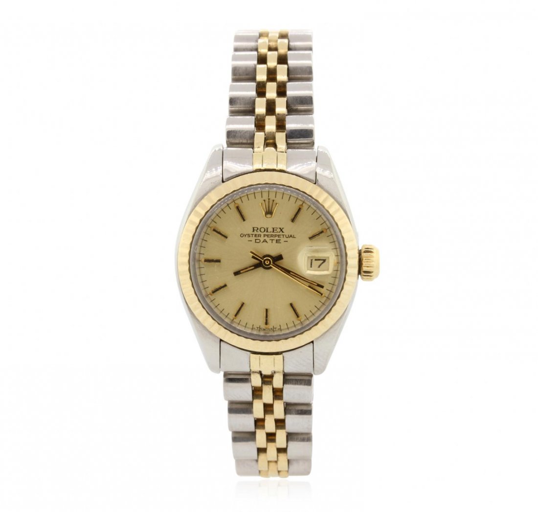 Ladies Rolex Two-Tone Date Model Wristwatch A7282: Ladies Rolex Two-Tone Date Model Wristwatch A7282. G-4 average Condition! TZ7522AW. One ladies, hand crafted & machine milled Rolex Date Model wristwatch electronically tested; Stainless Steel Case: 2