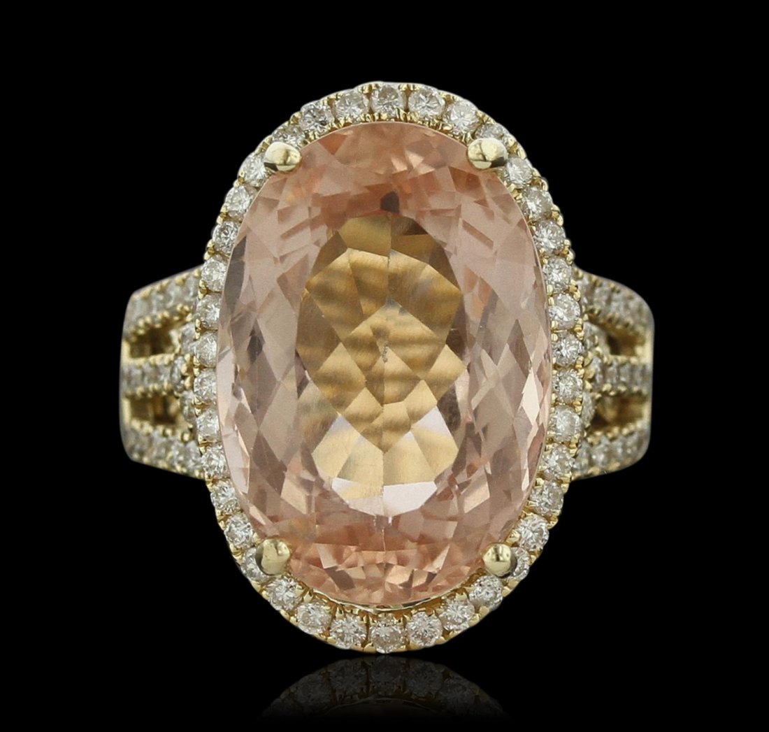 14KT Yellow Gold 12.89ct Morganite and Diamond Ring: 14KT Yellow Gold 12.89ct Morganite and Diamond Ring A8681. New Condition! GA4061UB. One electronically tested 14KT yellow gold lady's combination cast & assembled ring with a bright polish finish. Con