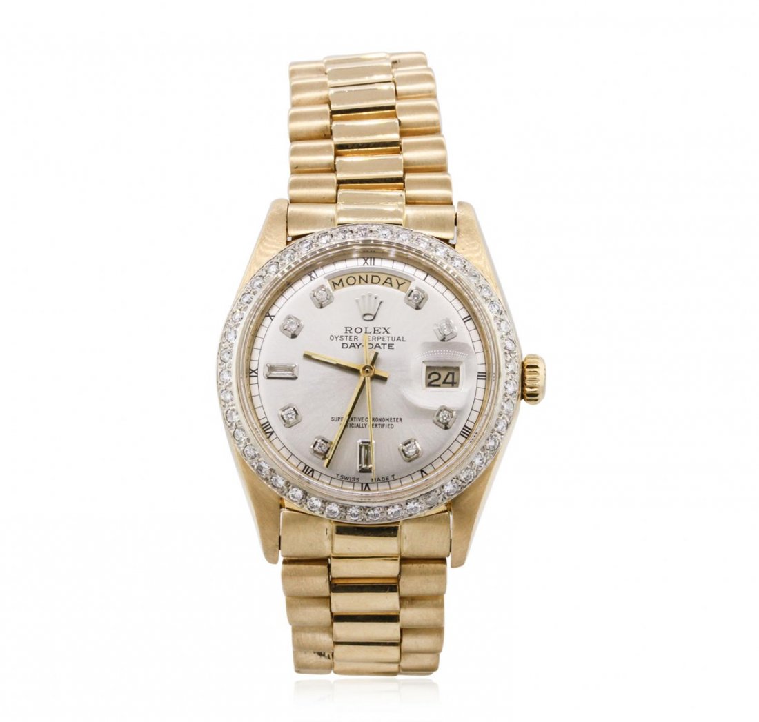 Gents Rolex 18KT Yellow Gold DayDate Diamond Wristwatch: Gents Rolex 18KT Yellow Gold DayDate Diamond Wristwatch A8593. G-4 Average Condition! VW6059BV. One gents, hand crafted & machine milled Rolex DayDate Model wristwatch electronically tested 18KT yello