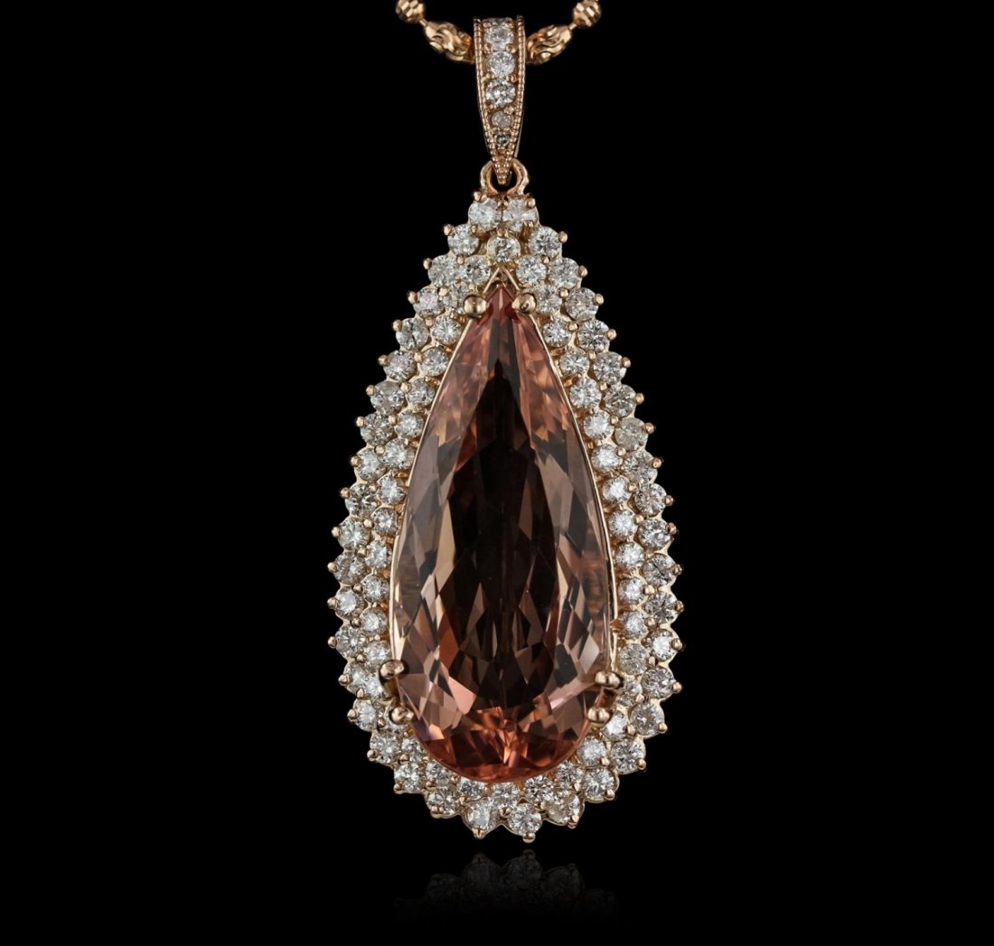 14KT Rose Gold GIA Certified 22.22ct Morganite and: 14KT Rose Gold GIA Certified 22.22ct Morganite and Diamond Pendant With Chain A9417. New Condition! PX7005YK. One electronically tested 14KT rose gold ladies cast & assembled morganite and diamond pen