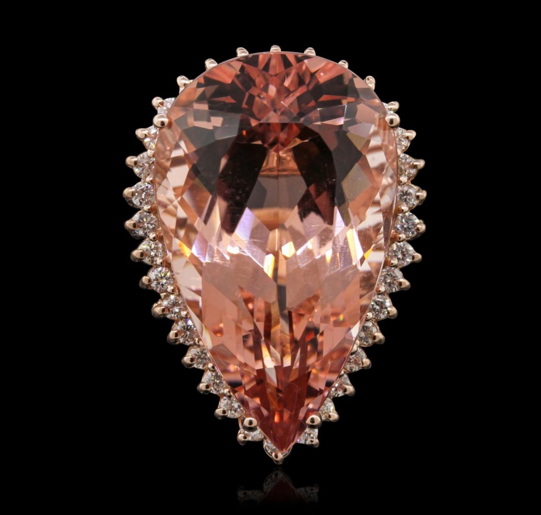 14KT Rose Gold 34.08ct GIA Certified Morganite and: 14KT Rose Gold 34.08ct GIA Certified Morganite and Diamond Ring A9267. New Condition! XG4005SR. One electronically tested 14KT rose gold ladies cast morganite and diamond ring with a bright polish fin