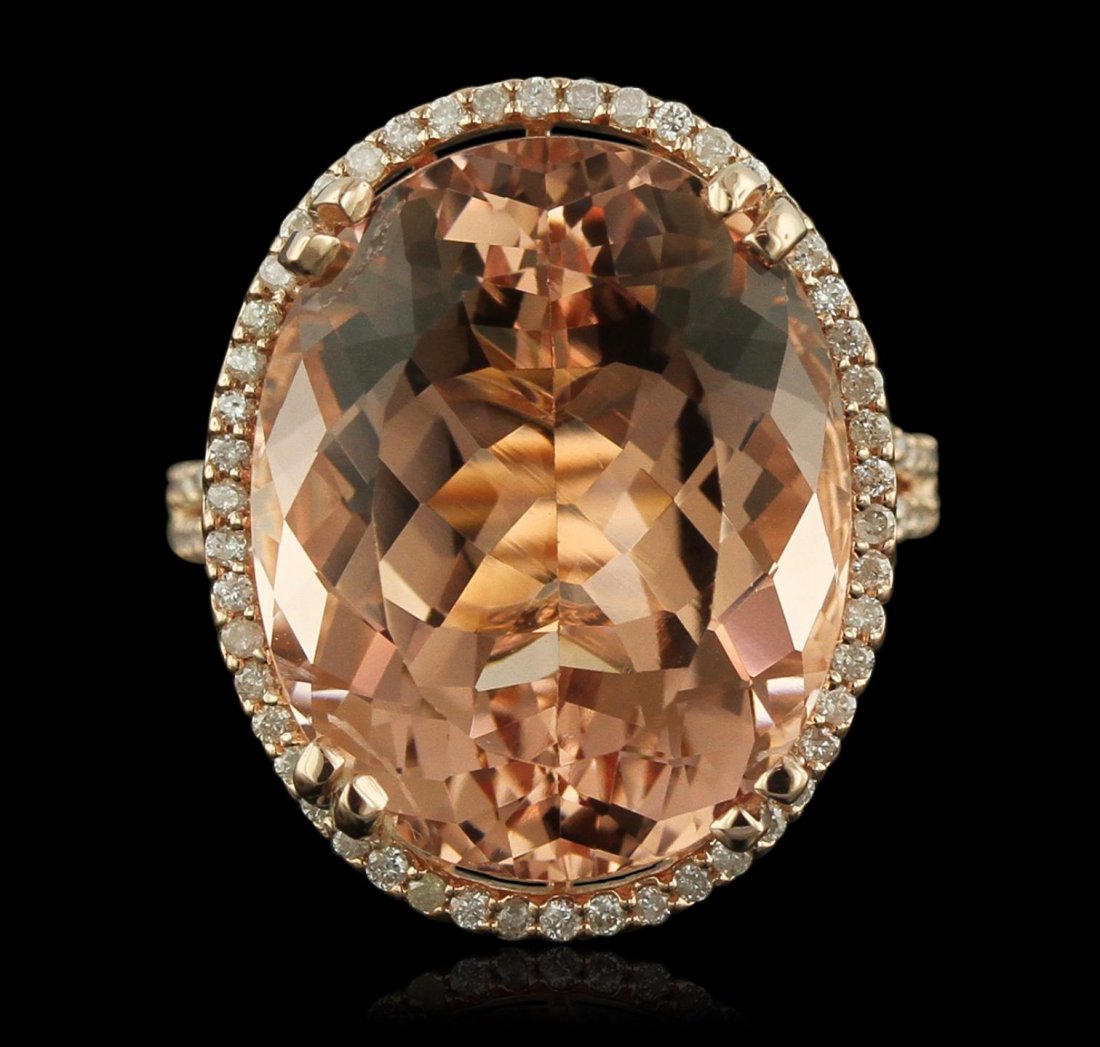 14KT Rose Gold 19.02ct GIA Certified Morganite and: 14KT Rose Gold 19.02ct GIA Certified Morganite and Diamond Ring A9105. New Condition! GM5052UF. One electronically tested 14KT rose gold lady's combination cast & assembled fancy ring with a bright po
